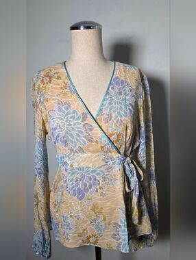 INC International Concepts Silk Wrap Blouse Size 8 Floral Boho Long Sleeve Sheer